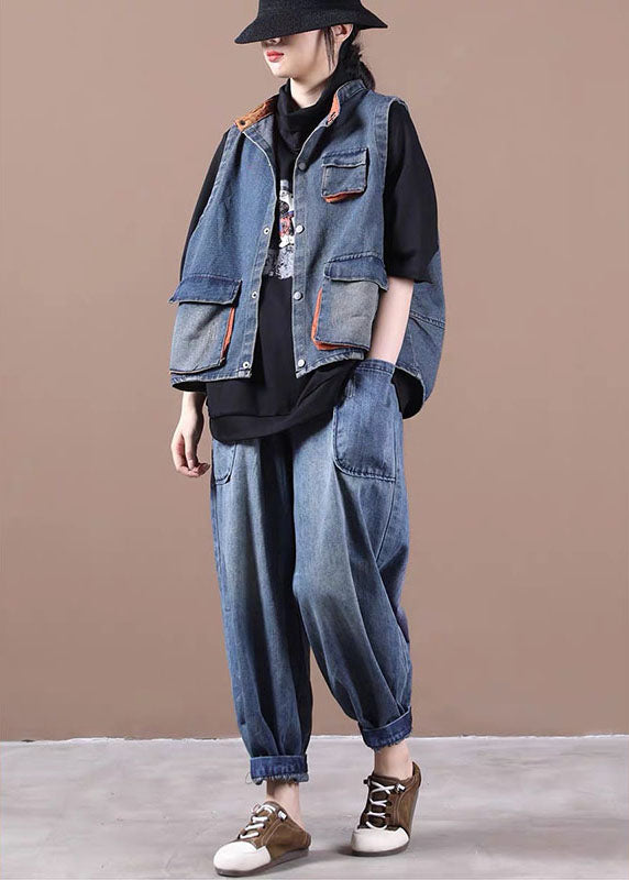 Gilet di jeans blu elegante con bottoni, tasche e patchwork, autunno