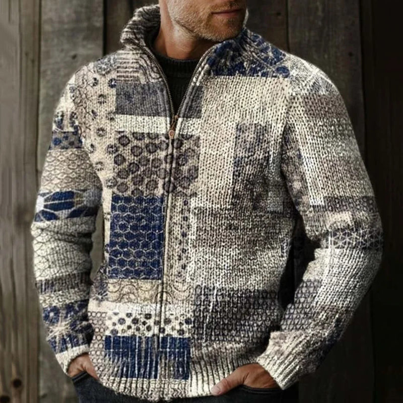 Men's Vintage Patchwork Design Pattern Zip Sweater elevenforest