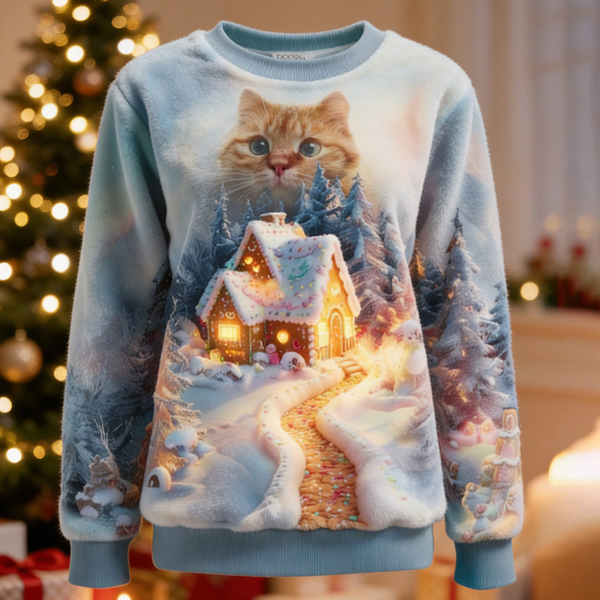 Comstylish Women's Fun Christmas Snow Scene And Cat Comfortable Plush Crew Neck Sweatshirt