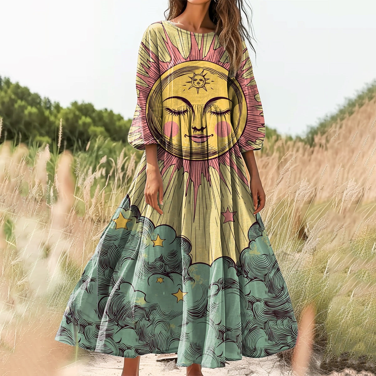 Women's Sun Clouds Pattern Art Print Cotton Crew Neck Dress