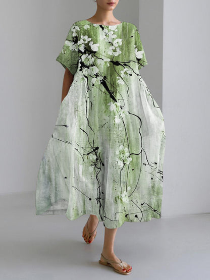 Comstylish Vintage Ink Flower Print Linen Maxi Dress