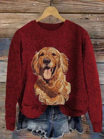 Comstylish Women's Christmas Golden Retriever Embroidery Print Sweater