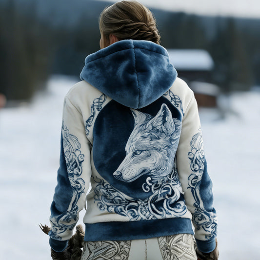 Comstylish Women's Vintage Viking Celtic Knot And Wolf Pattern Color-blocked Comfortable Plush Hoodie