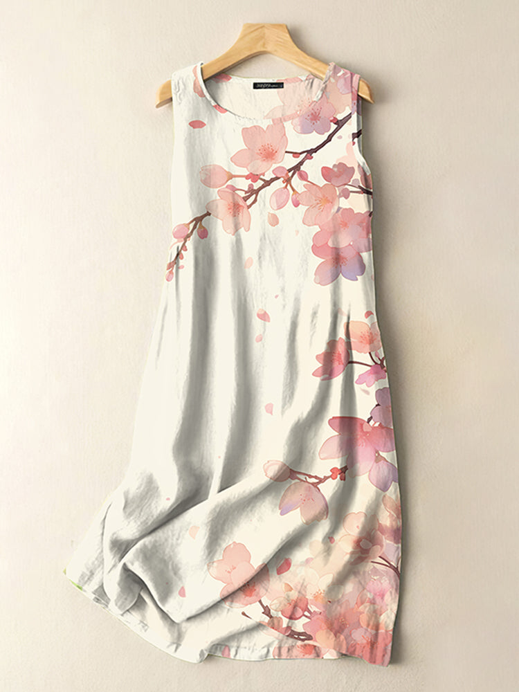 Vintage Japanese Ink Flower Art Print Sleeveless Cotton And Linen Midi
