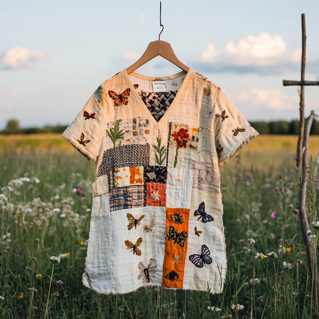 Women's Vintage Butterfly Bee Floral Print V-neck T-shirt artswardrobe