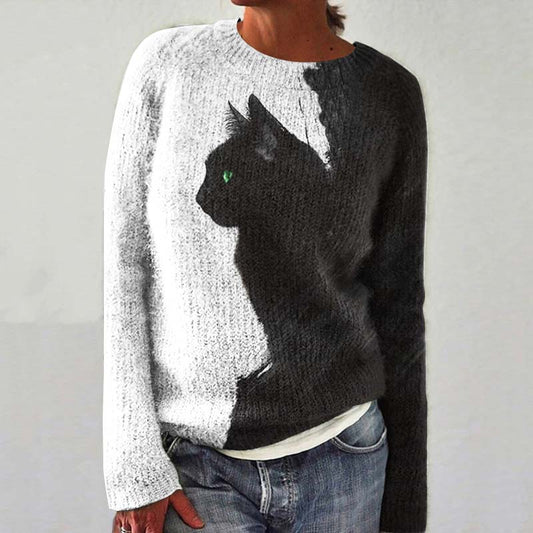 Abstract Creative Black And White Contrast Cat Painting Art Print Knitted Pullover Sweater elevenforest