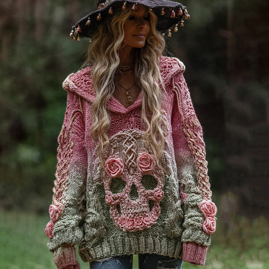 Women's Vintage Viking Tribal Jacquard Celtic With Rose And Skull Inspired Chunky Knit Hooded Sweater artswardrobe
