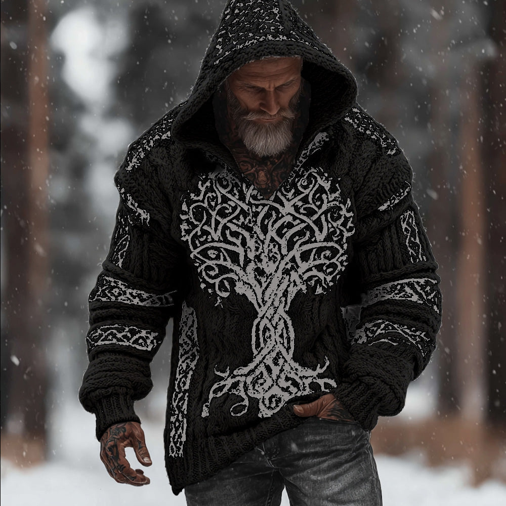 Men's Viking Style Flowering Tree Of Life Warm Thick Needle Hooded Sweater artswardrobe