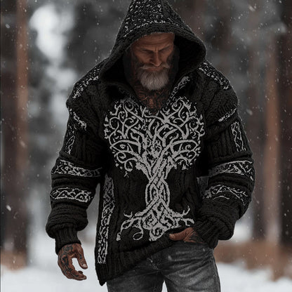 Men's Viking Style Flowering Tree Of Life Warm Thick Needle Hooded Sweater artswardrobe