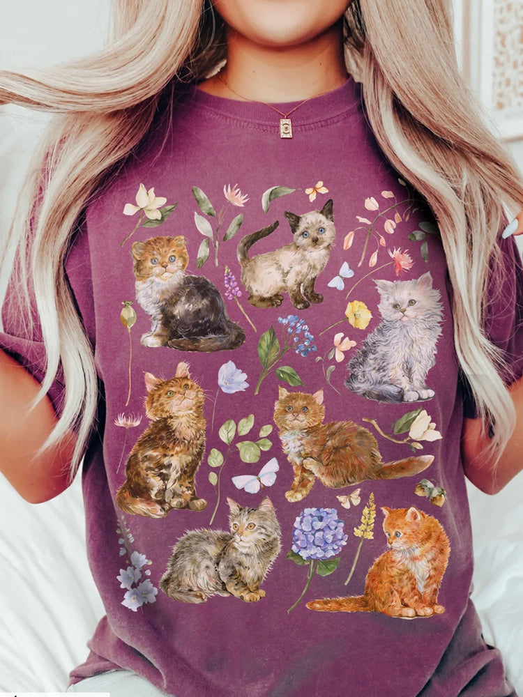 Countryside Cat Embroidery Print T-shirt artswardrobe