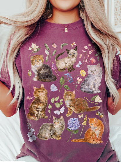 Countryside Cat Embroidery Print T-shirt artswardrobe