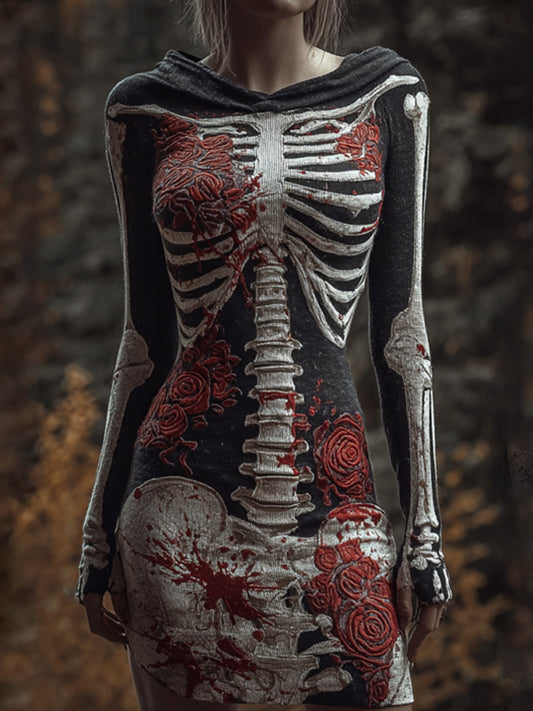 Halloween Skull Floral Knitted Warm Hooded Sweater artswardrobe