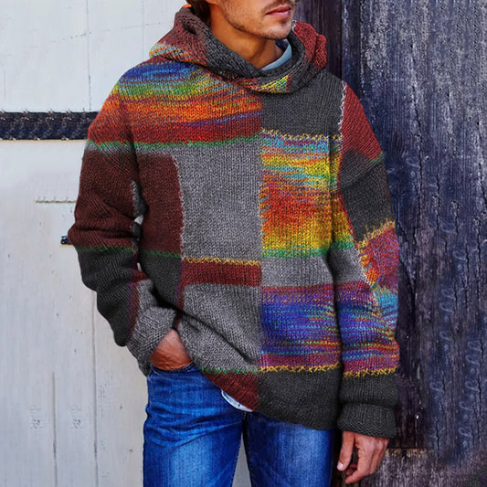 Men's Vintage Patchwork Cozy Hooded Sweater elevenforest