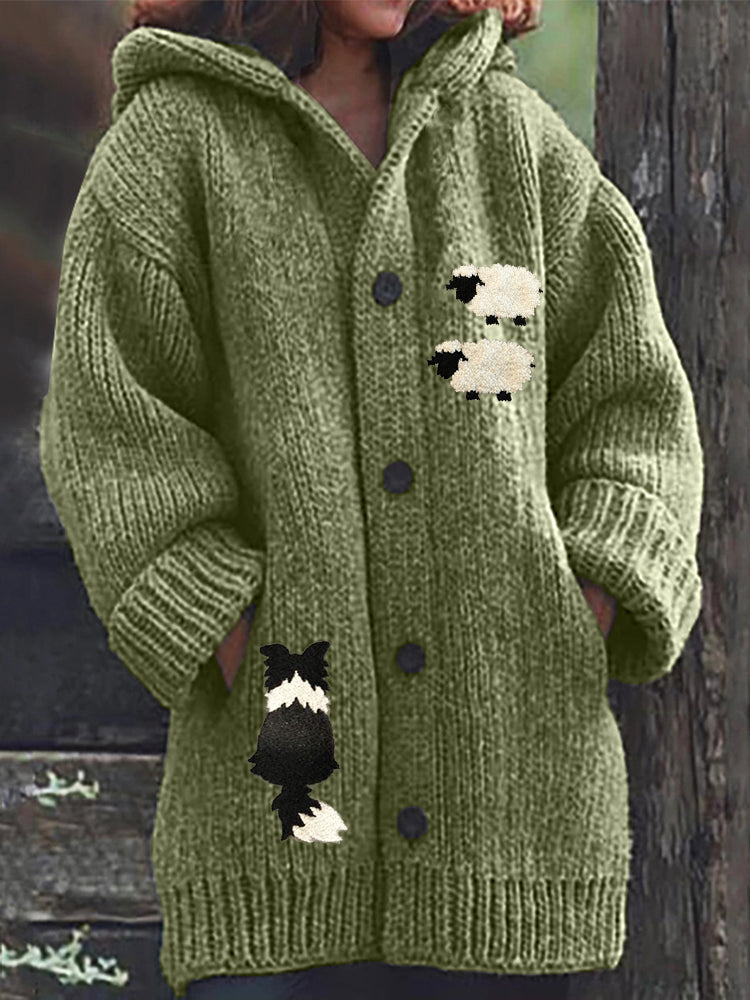 Comstylish Border Collie & Sheep Embroidered Cozy Knit Hooded Cardigan