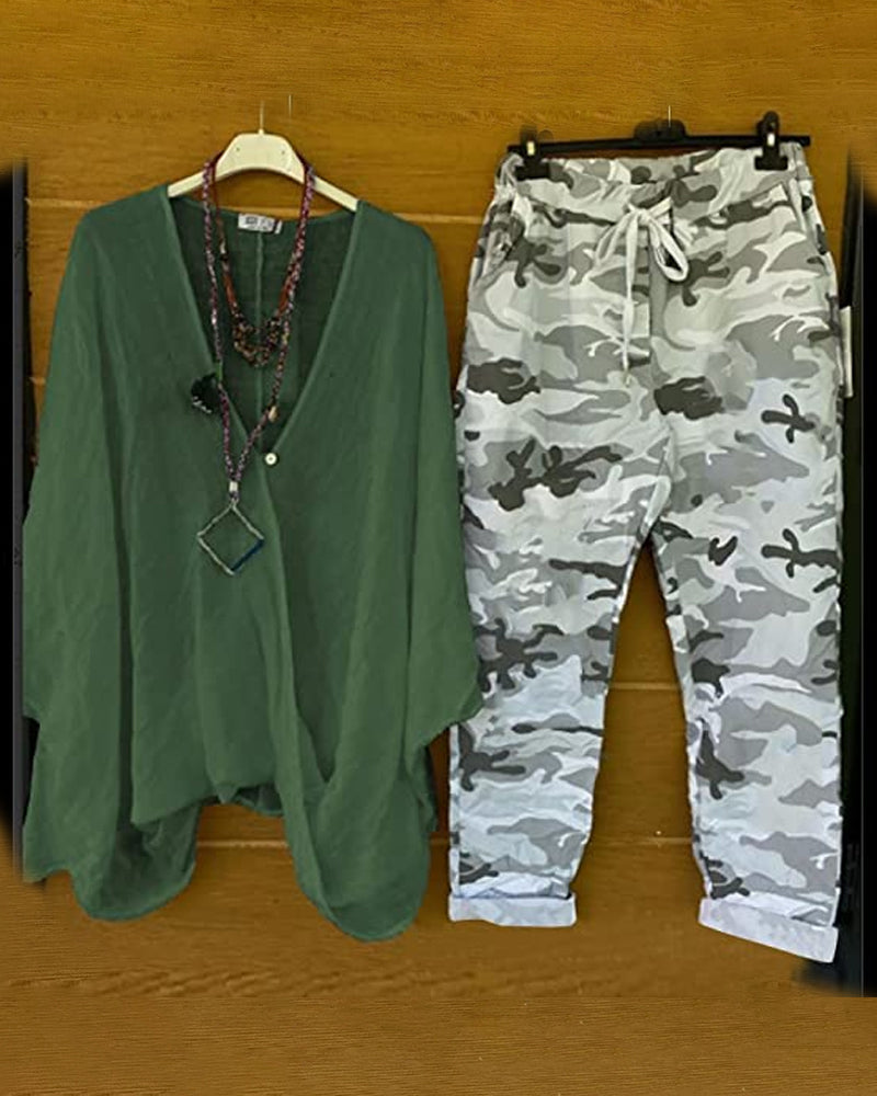 ER | Set di pantaloni e camicetta con motivo mimetico