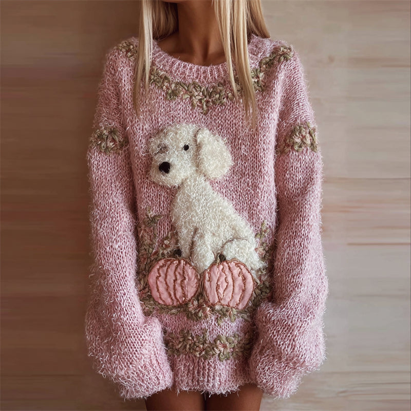Fuzzy Dog & Pink Pumpkins Cozy Knit Sweayer artswardrobe
