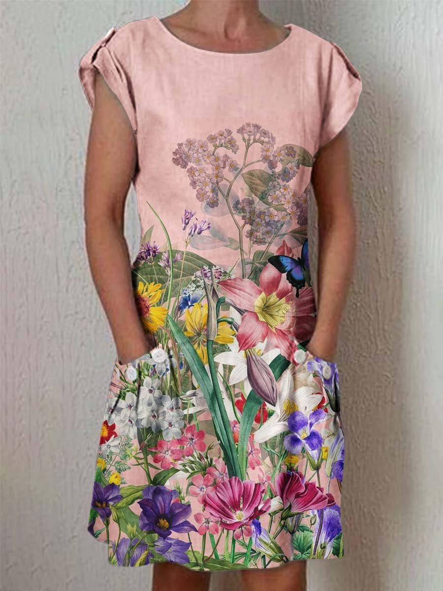 Women's Classic Floral Pattern Vintage Cotton and Linen Dress with Pockets