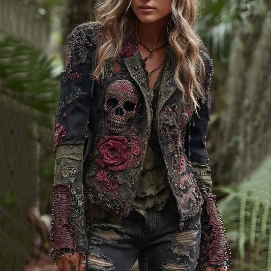 Comstylish Rose And Skull Gothic Rock Contrast Lapel Denim Jacket