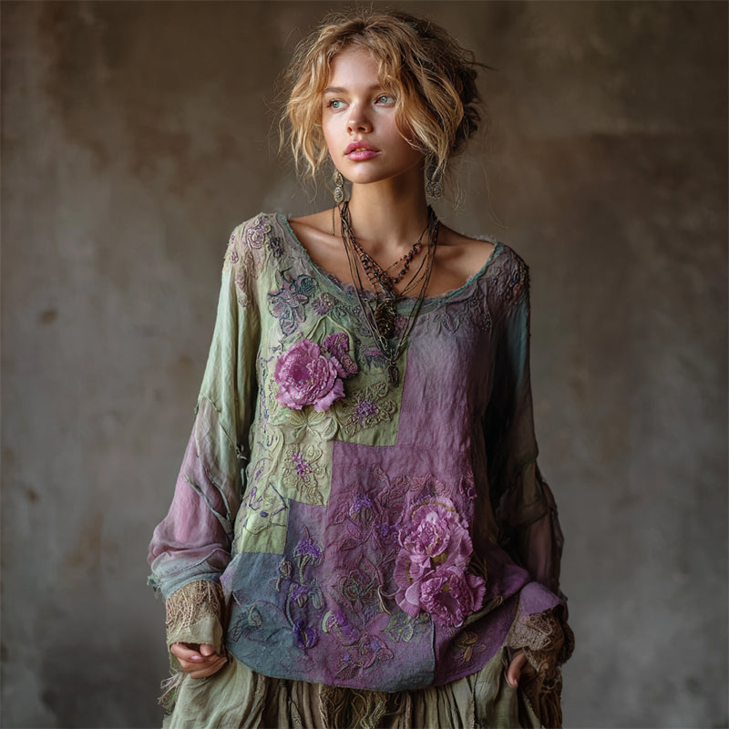 Vintage Lavender Floral Fiber Art Patchwork Flowy Linen Shirt artswardrobe