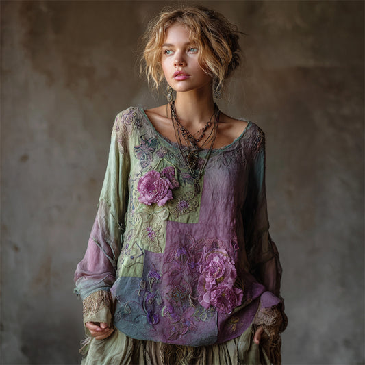 Vintage Lavender Floral Fiber Art Patchwork Flowy Linen Shirt artswardrobe