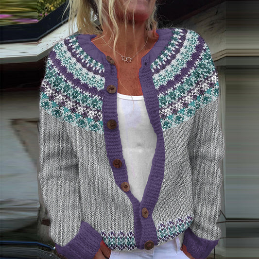 Vintage Purple Geometry Contrast Jacquard Cozy Sweater elevenforest