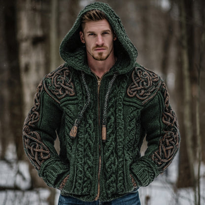 Men's Vintage Viking Celtic Knot Art Chunky Knit Hooded Zip-up Sweater elevenforest