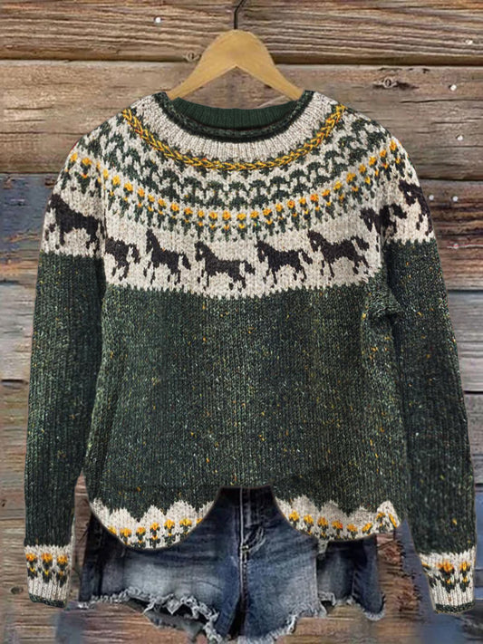 Vintage Horse Pattern Icelandic Style Women's Sweater elevenforest