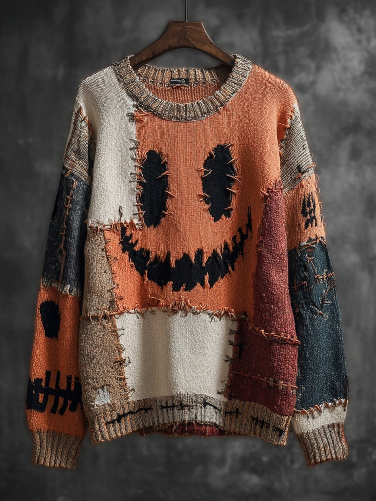 Vintage Halloween Spooky Face Colorblock Patchwork Knitted Sweater elevenforest
