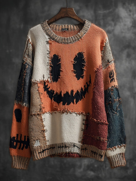 Vintage Halloween Spooky Face Colorblock Patchwork Knitted Sweater elevenforest