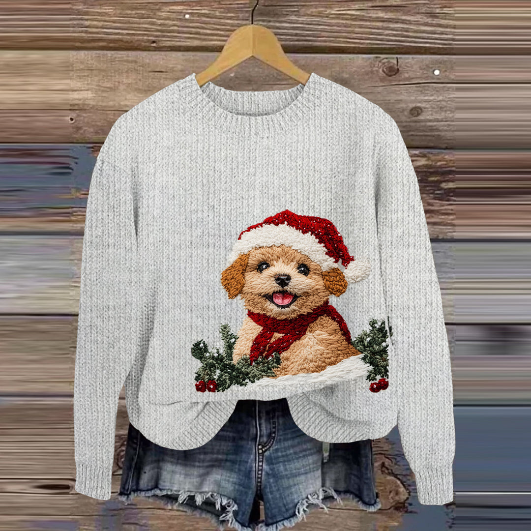 Comstylish Cute Christmas Golden Retriever Embroidery Cozy Sweater