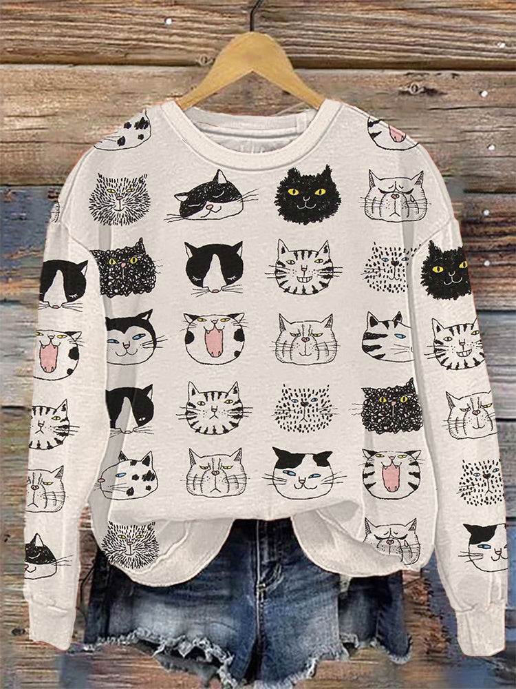 Funny Cat Faces Japanese Art Print Casual Sweatshirt elevenforest