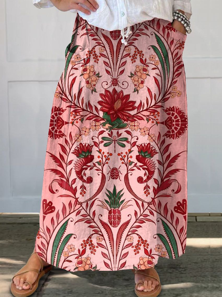 Women's Vintage Ethnic Floral Art Print Linen Pocket Skirt