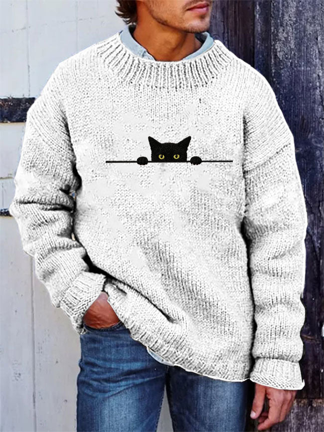Men's Casual Funny Black Cat Print Sweater artswardrobe