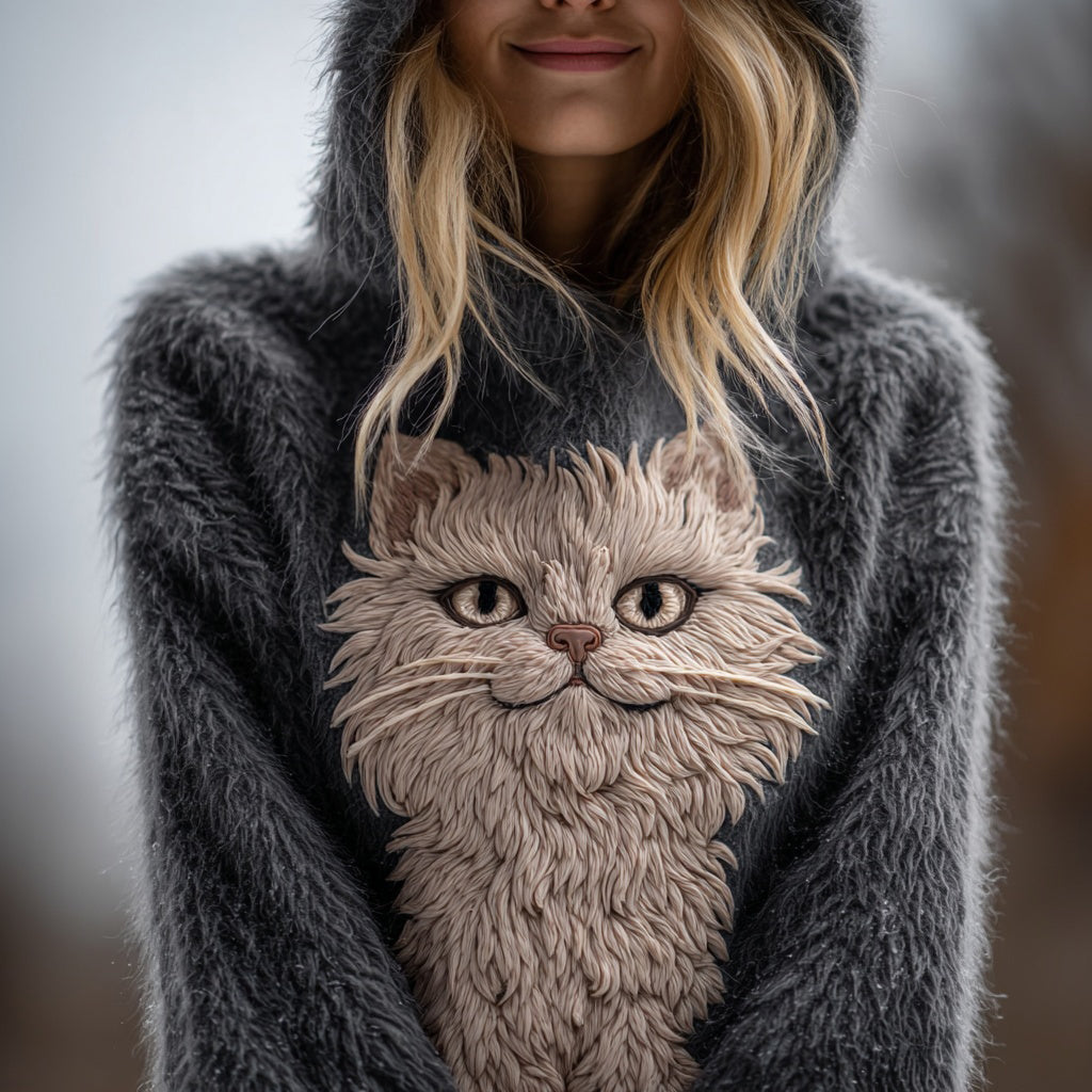 Cute Fuzzy Cat Embroidered Cozy Hooded Sweater elevenforest