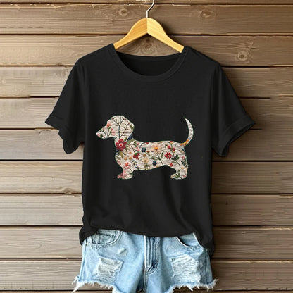 Comstylish Women's Classic Dachshund In Floral Inspired Painting Embroidered Casual Linen T-shirt