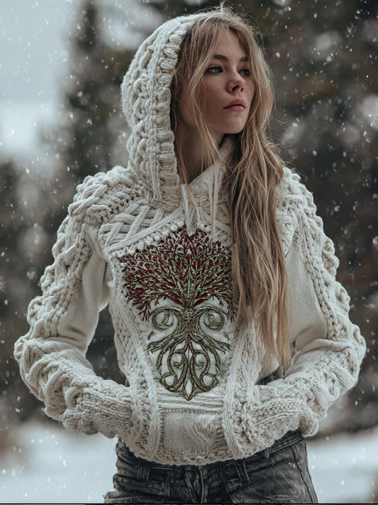 Women's Viking Style Tree Of Life And Rose Hooded Sweater artswardrobe