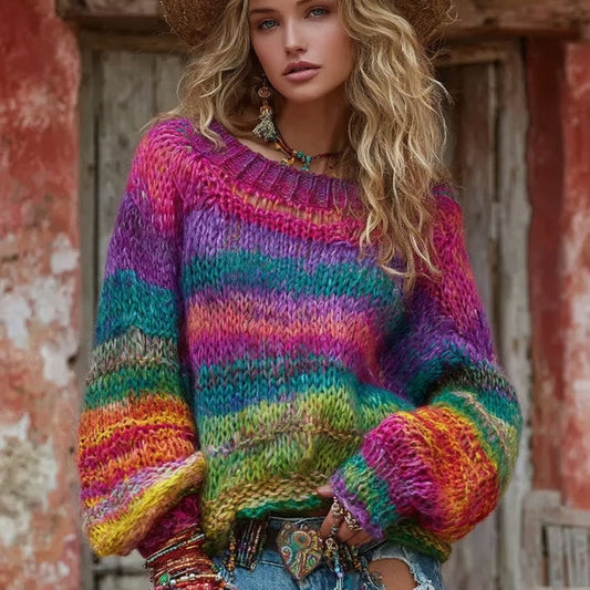 Women's Vintage Rainbow Stripes Knit Pullover Sweater artswardrobe