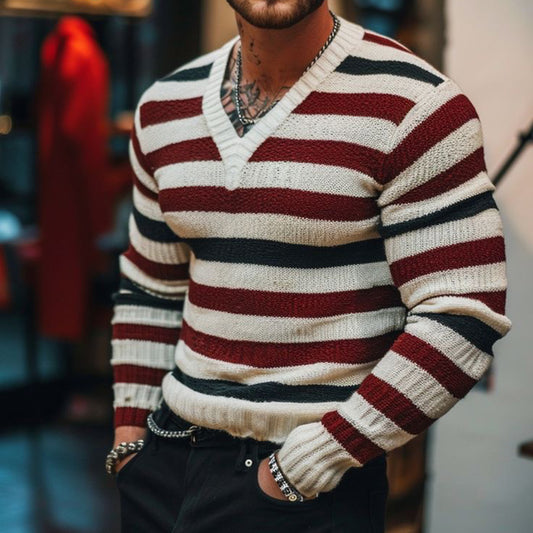 Men'S Classic Stripes Contrasting Colors Knit V-Neck Sweater elevenforest