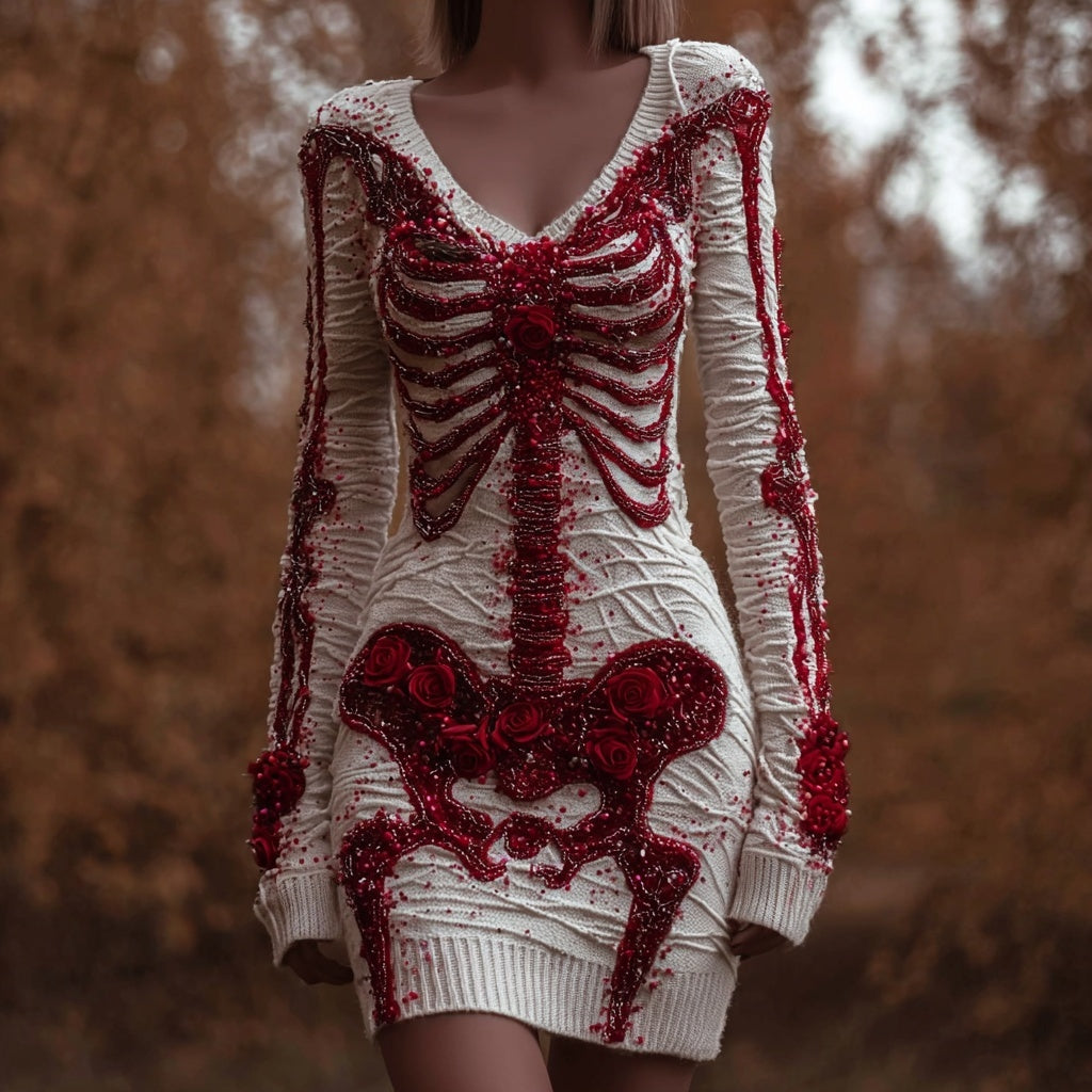 Classy Skeleton Roses Beads Embroidered V Neck Sweater Dress artswardrobe