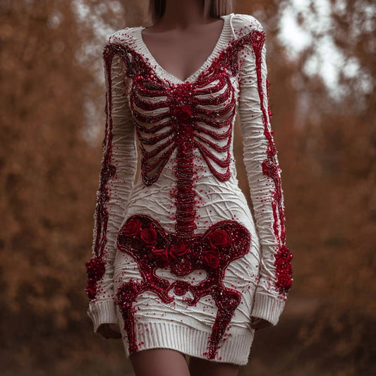 Classy Skeleton Roses Beads Embroidered V Neck Sweater Dress artswardrobe