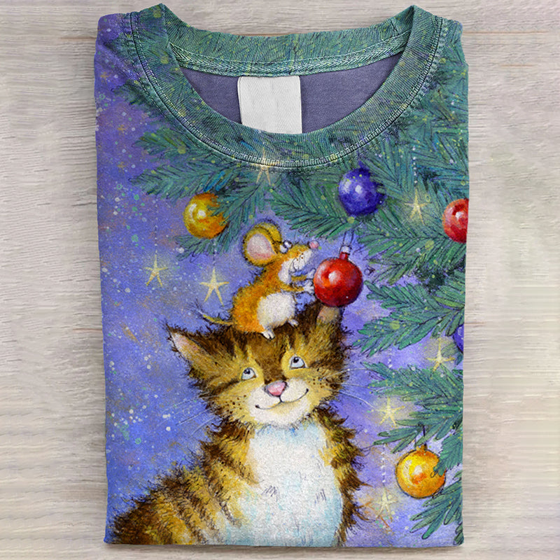 Comstylish Women's Funny Christmas Cat With Mouse Art Print Casaul Short Sleeve T-shirt