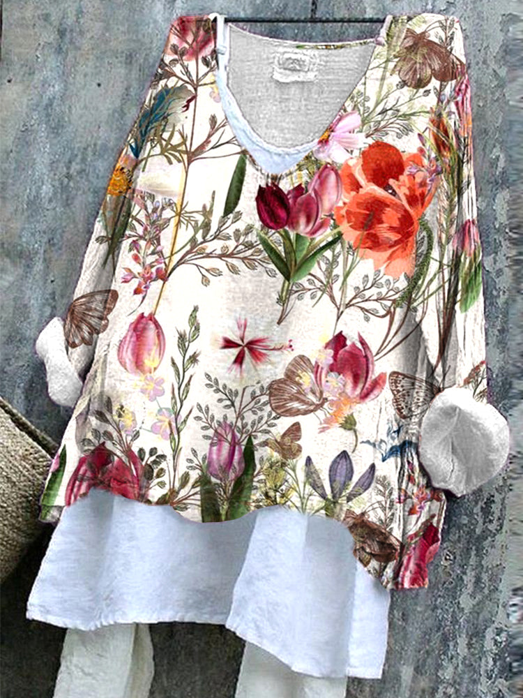 Comstylish Vintage Floral Pattern Women's Casual Linen Blend Shirt