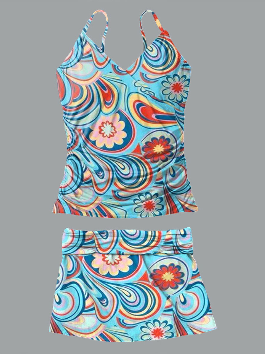 Women's Floral Print Suspender Shirred Swimsuit Set