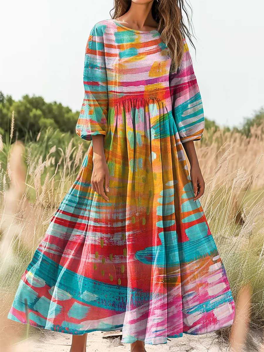 Women's Colorful Patterns Art Print Cotton Crew Neck Dresses