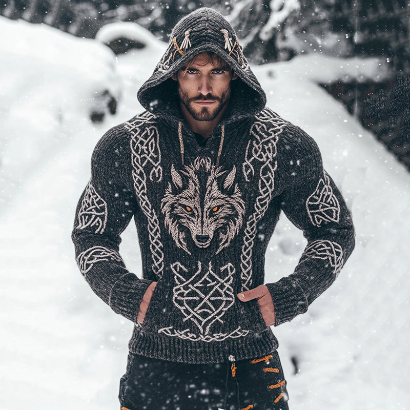 Men's Viking Tribal Wolf Embroidery Inspired Knit Pocket Hooded Sweater artswardrobe