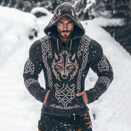 Men's Viking Tribal Wolf Embroidery Inspired Knit Pocket Hooded Sweater elevenforest