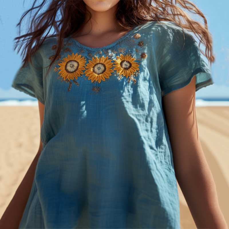 Vintage Sunflower Embroidered Art Cotton Linen Comfy Shirt artswardrobe