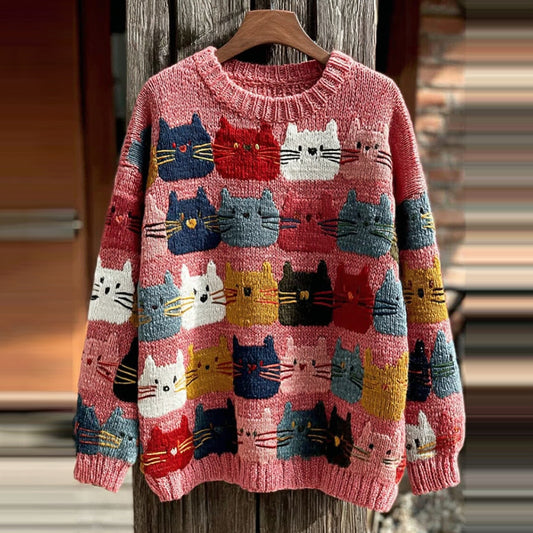 Women's Colorful Cats Pattern Art Cozy  Knit Sweater artswardrobe