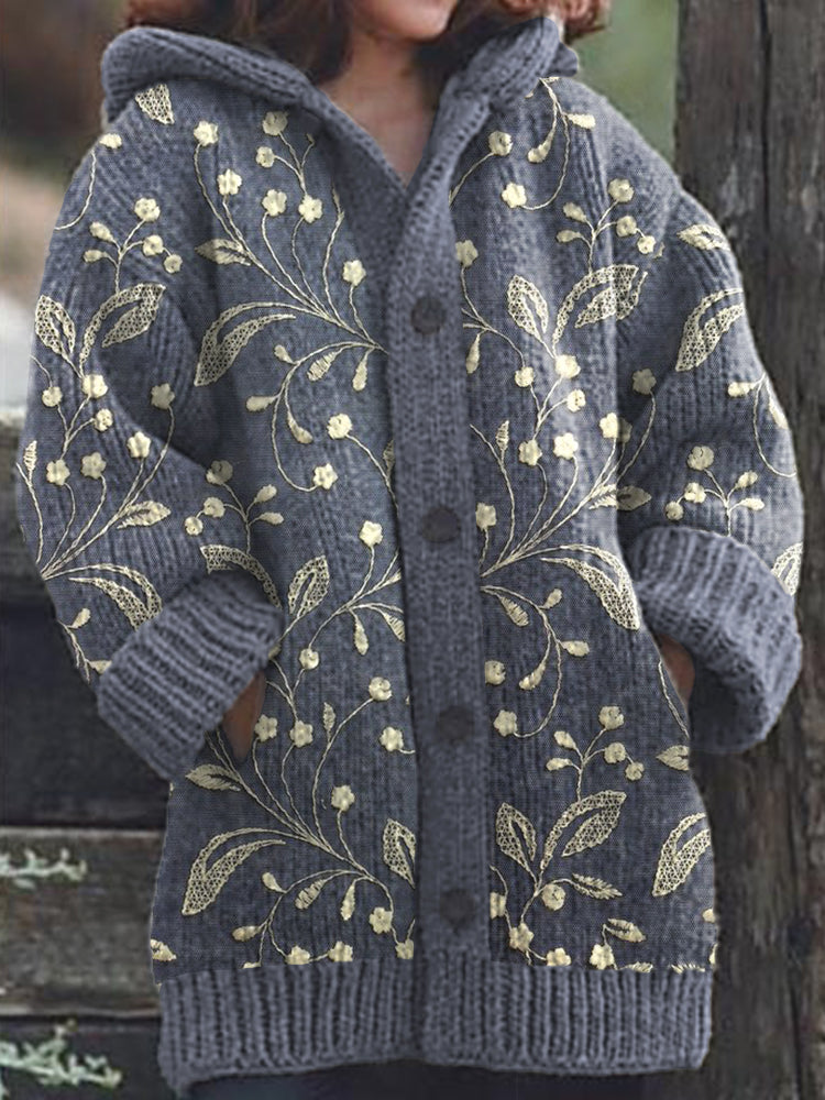 Lace Floral Embroidery Pattern Cozy Knit Hooded Cardigan artswardrobe