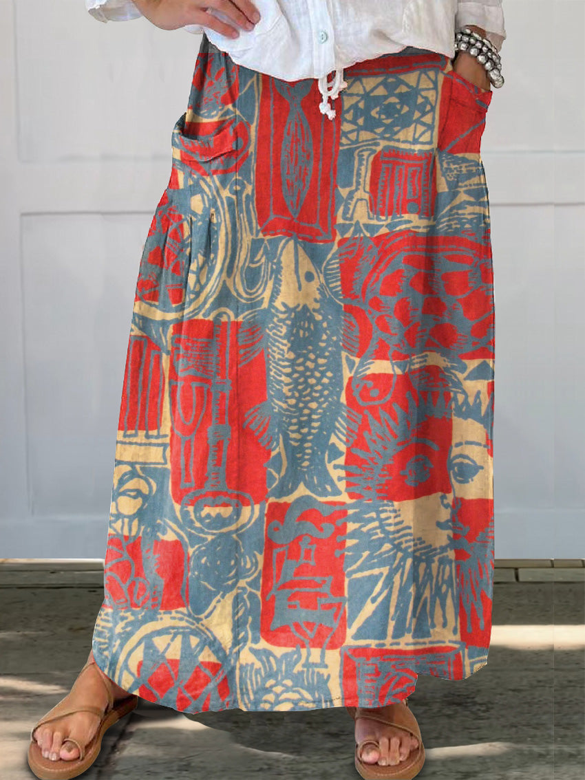 Women's Bohemian Ethnic Collage Art Pattern Print Linen Pocket Skirt